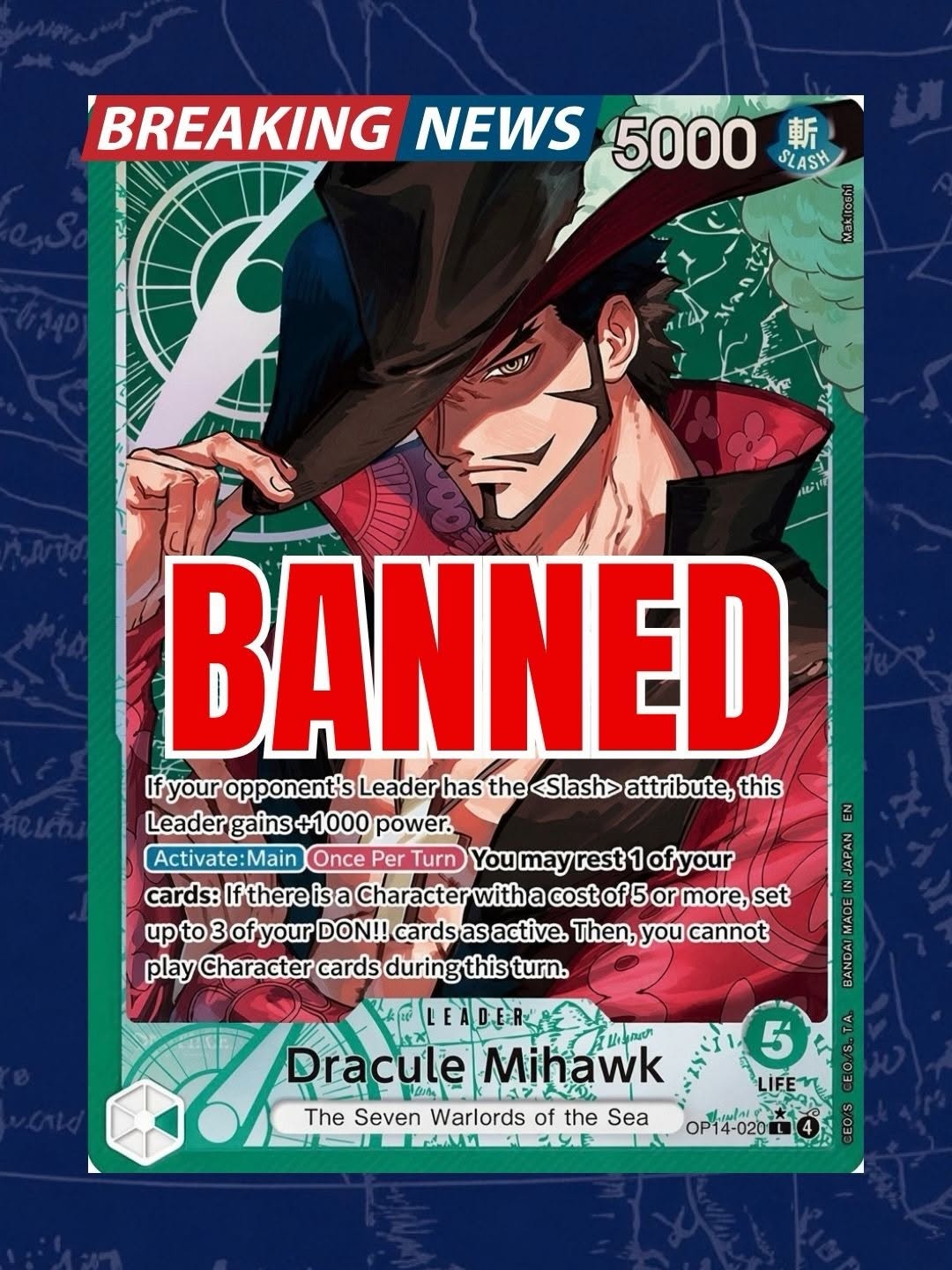 Breaking news graphic showing OP14-020 Dracule Mihawk marked banned