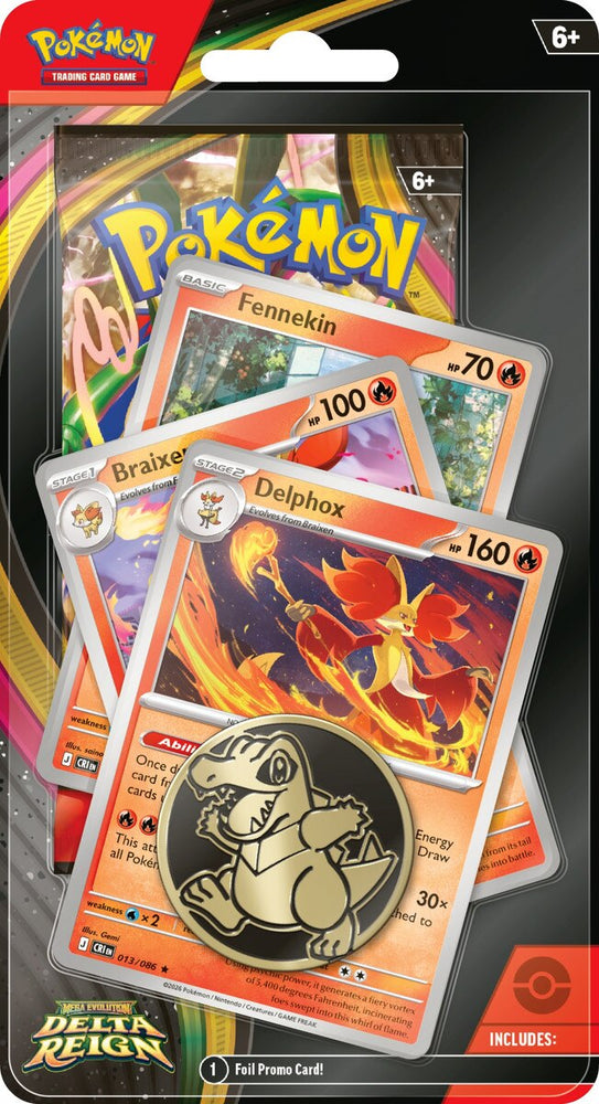 Pokémon TCG: Delta Reign - Premium Blister featuring Fennekin, Braixen and Delphox promo cards with collector coin