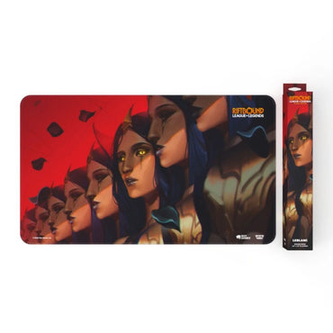 Riftbound Unleashed LeBlanc Deceiver playmat and display box