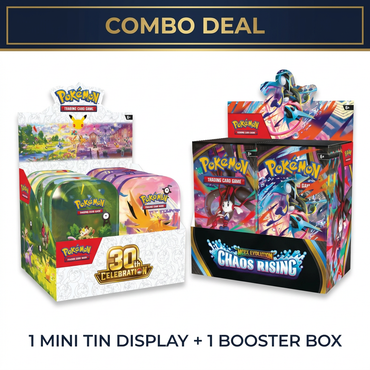Pokémon mini tin display and Chaos Rising booster box combo